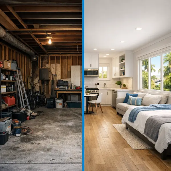 Before and after of a Los Angeles garage conversion transforming a cluttered space into a modern studio apartment