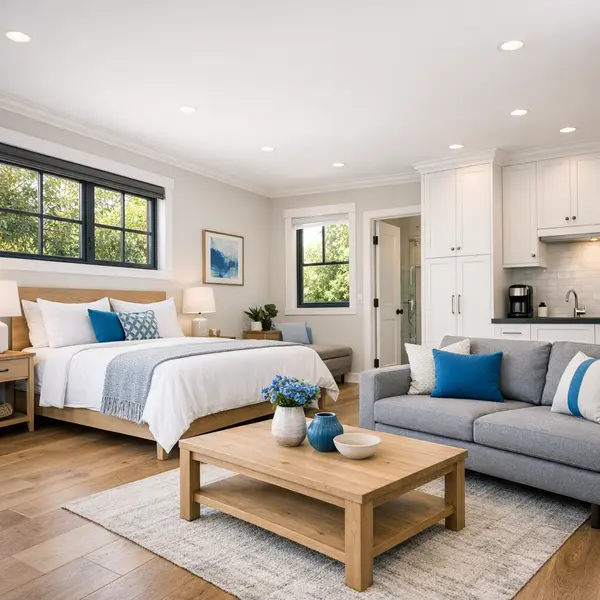Professionally converted garage guest suite in Beverly Hills with modern furnishings and stylish finishes