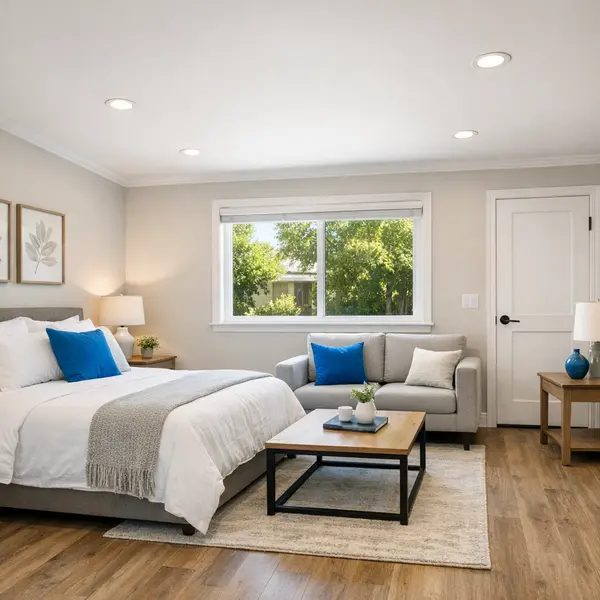 Beautiful garage conversion guest suite with bed and seating in an Agoura Hills home