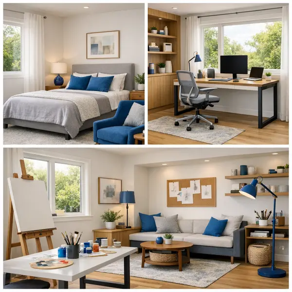 Modern garage conversions in Winnetka displaying guest suite, office, and studio with natural light.