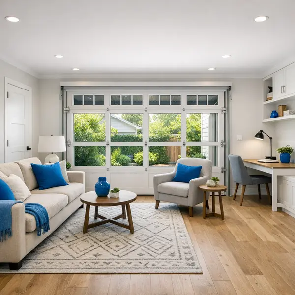 Bright studio living area created by a garage conversions project, with modern furnishings and natural light.