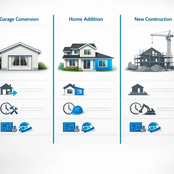 Comparison infographic showing three options for garage conversions, additions, or new construction in Los Angeles