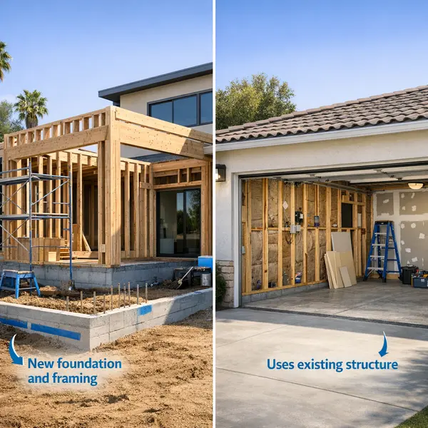 Garage Conversions comparison: new home addition under construction and a garage mid-conversion, both in progress.