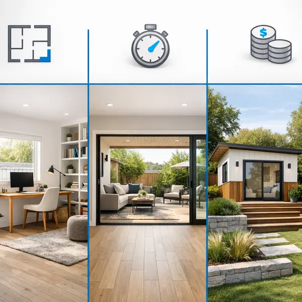 Side-by-side comparison of garage conversion, room addition, and detached ADU for Sherman Oaks homes
