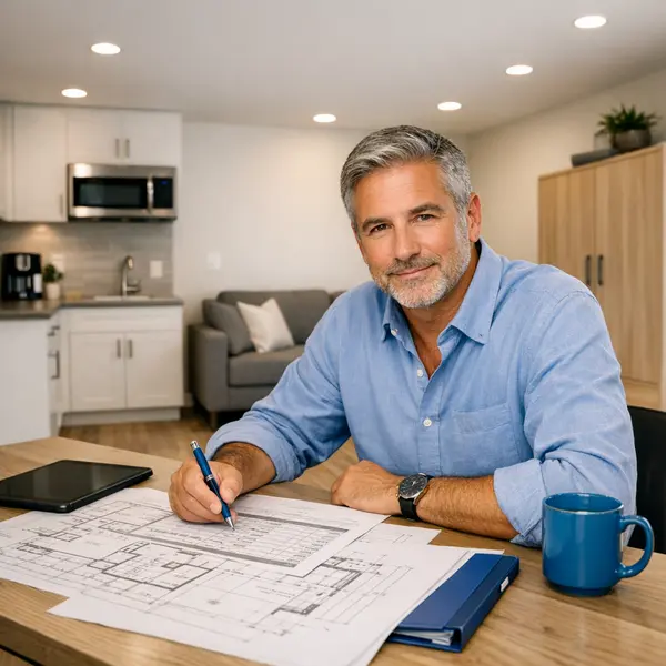 Contractor reviewing garage conversions plans and budget in a finished Los Angeles garage conversion.