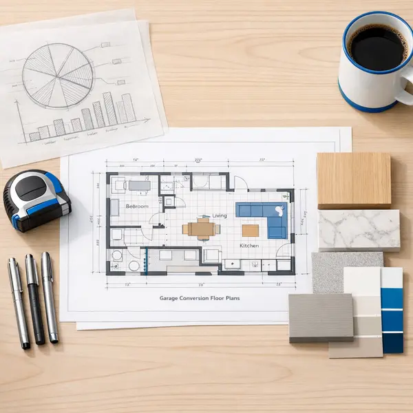 Renovation planning materials for garage conversions in Beverly Hills, showing floor plans and finish samples on a table