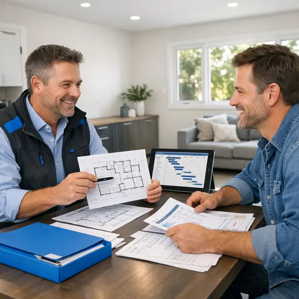 Contractor discussing Agoura Hills garage conversions estimate with a homeowner in a renovated garage