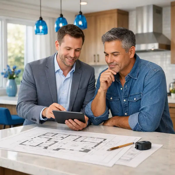 Project manager and homeowner review floor plans for a garage conversion in Sherman Oaks