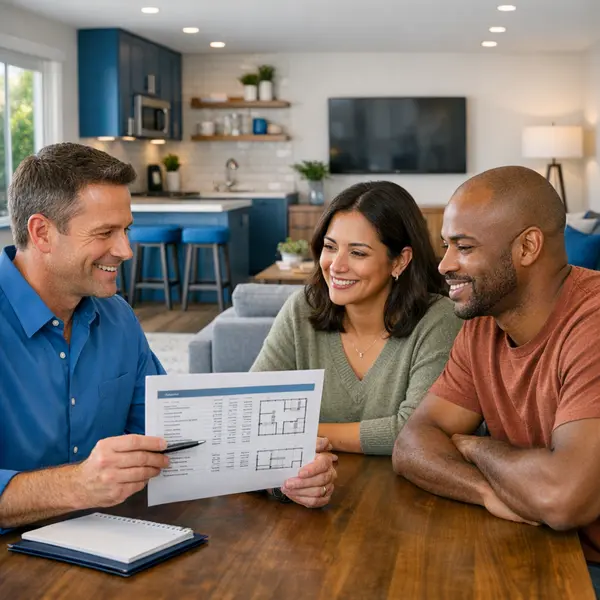 Project manager and homeowners reviewing garage conversions estimate and plans in a finished Winnetka living space