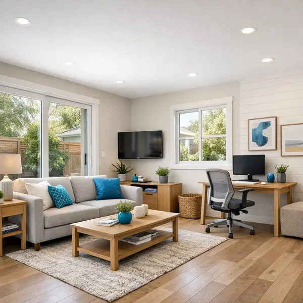 Modern garage conversion showing livable space with workspace and seating in Agoura Hills