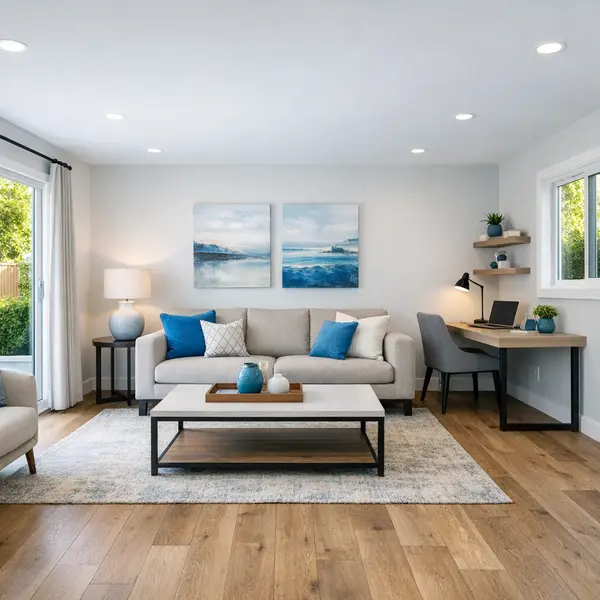 Modern garage conversion living area with premium finishes in a Winnetka home, highlighting spacious comfort.