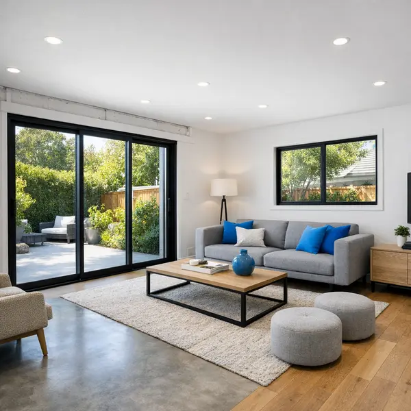 Modern garage conversion living space with insulated walls, large glass doors, and natural daylight
