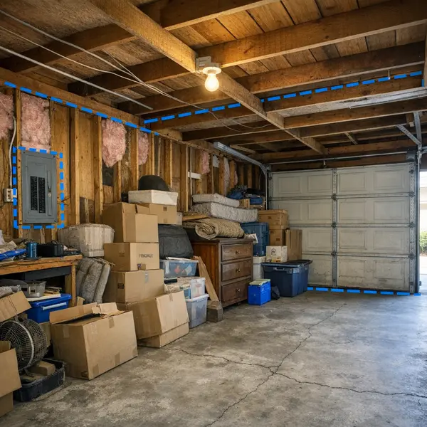 Typical Los Angeles garage with clutter and exposed framing before garage conversions remodel.