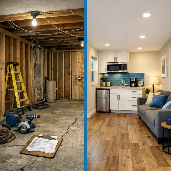 Split scene showing Sherman Oaks garage conversion from unfinished to comfortable living space