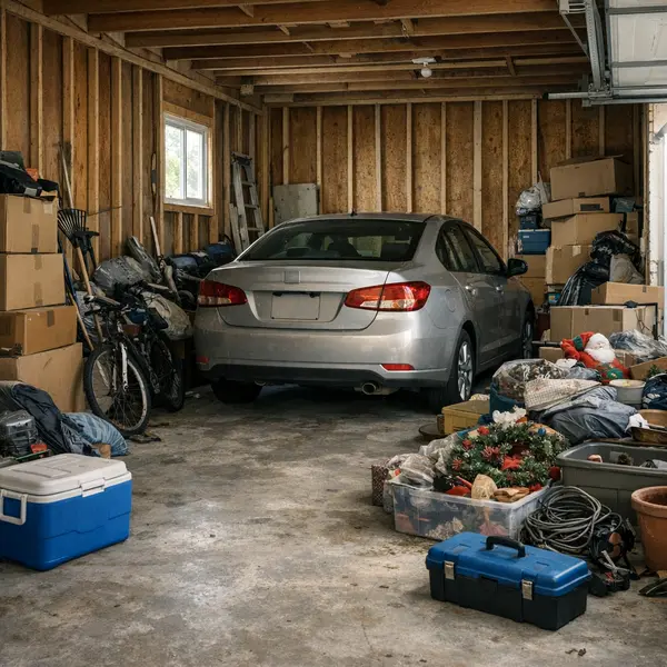 Unfinished garage with clutter and lost potential for garage conversions