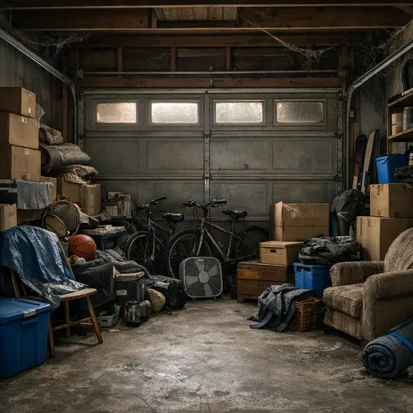 Cluttered, dark garage in Agoura Hills highlighting wasted garage conversions potential for local homeowners