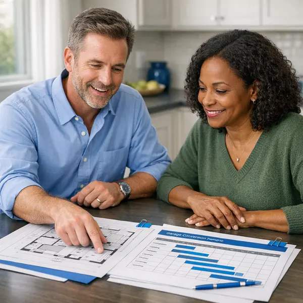 Project manager and homeowner reviewing garage conversions timeline and plans at a Winnetka home