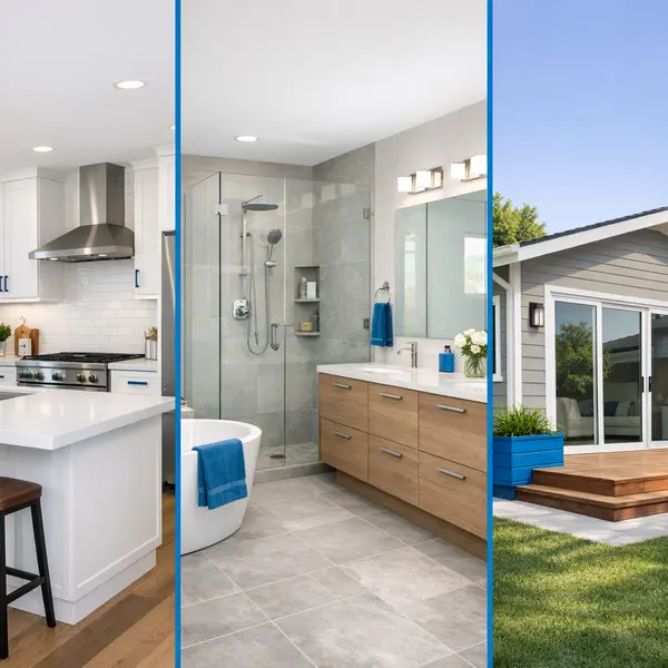 Montage of kitchen, bathroom, and new addition projects showing garage conversions in Agoura Hills homes.