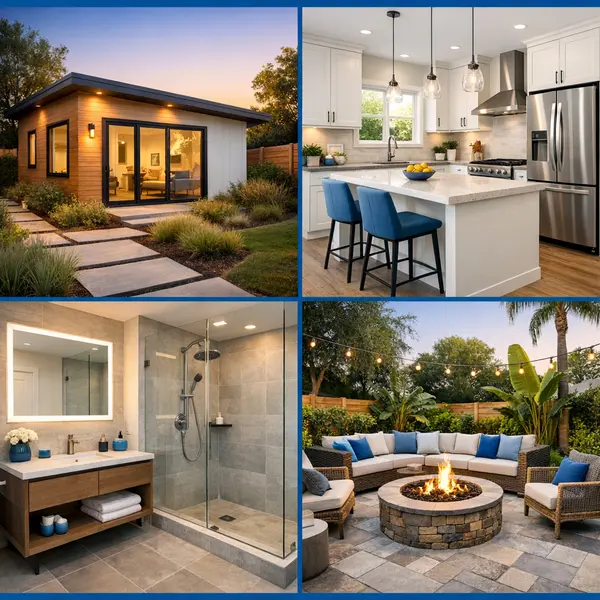 Grid of completed garage conversions, ADU, kitchen, and backyard in Sherman Oaks