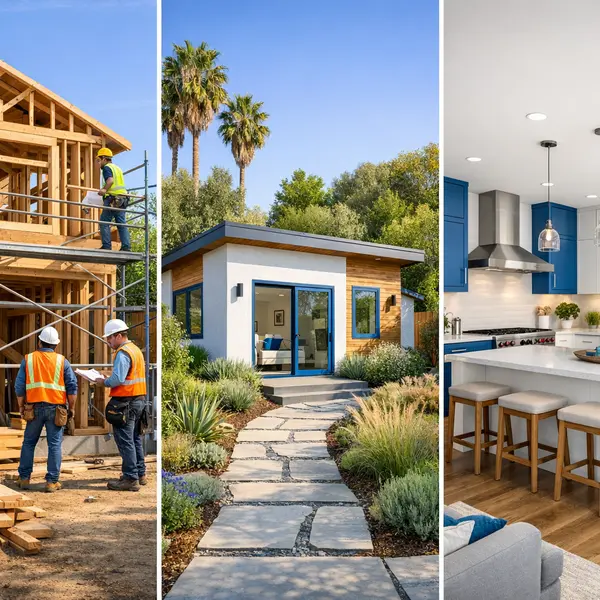 Three-panel visual showing new construction, ADU, and remodeled interior for garage conversions