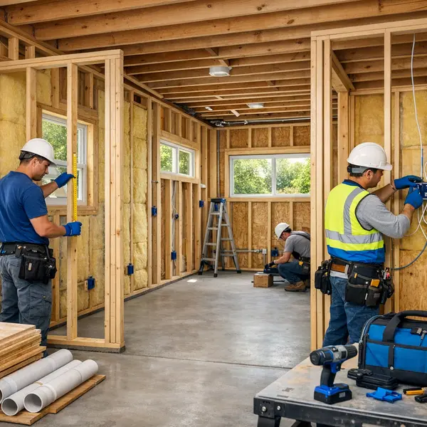Professional Los Angeles garage conversions in progress showing framing, insulation, and expert construction team