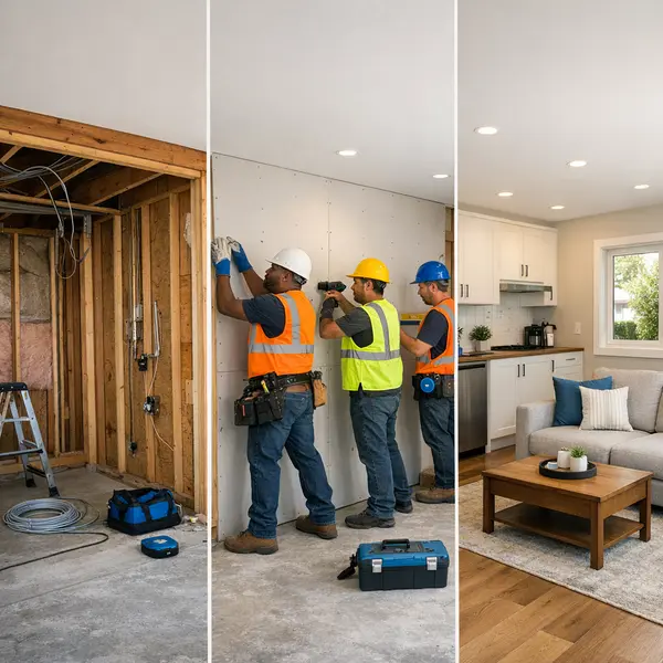 Three stages of a Beverly Hills garage conversion project, from framing to finished living space, showcasing quality work.