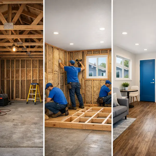 Step-by-step garage conversions showing structural, insulation, and finished living space upgrades by Alvapareen Construction.