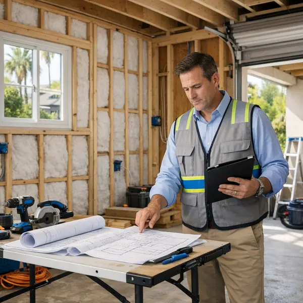 Garage conversions project manager reviews plans in a Winnetka garage mid-renovation with new framing and insulation.