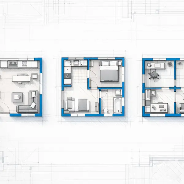Multiple garage conversions layout possibilities in a modern architectural collage, illustrating studio and one-bedroom options.