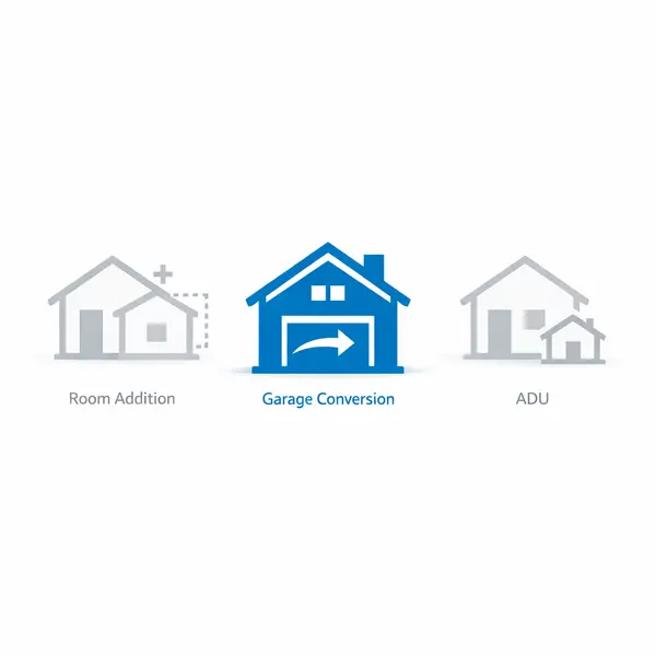 Visual comparison of garage conversions, room additions, and ADUs for Tarzana homeowners