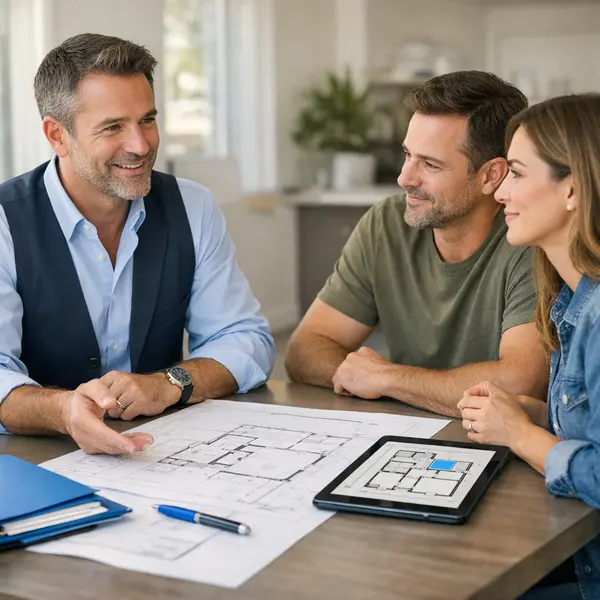 Contractor consulting with homeowners during a Garage Conversions planning session in Tarzana, discussing estimate details.
