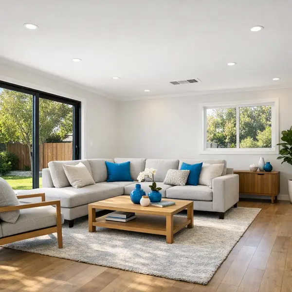 Modern garage conversions in Tarzana featuring a bright, finished living space with blue accents.
