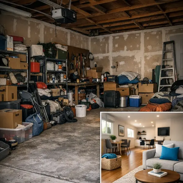 Cluttered garage interior before garage conversions in Tarzana with small overlay showing a clean multipurpose space.