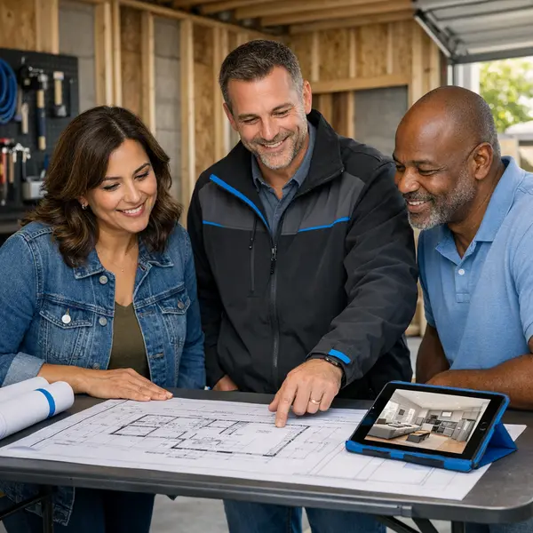Project manager reviews garage conversions plans in Tarzana with homeowners, ensuring clear next steps.