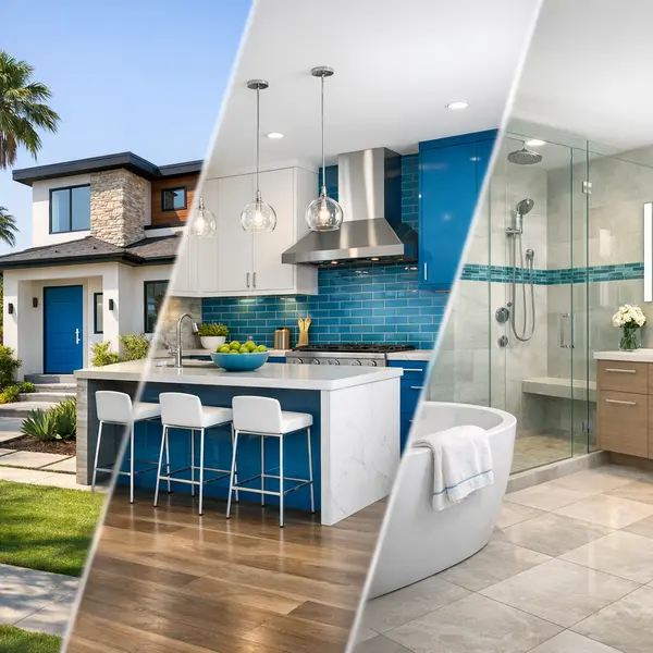Montage showing new home exterior, kitchen, and bath for garage conversions upgrades in Tarzana