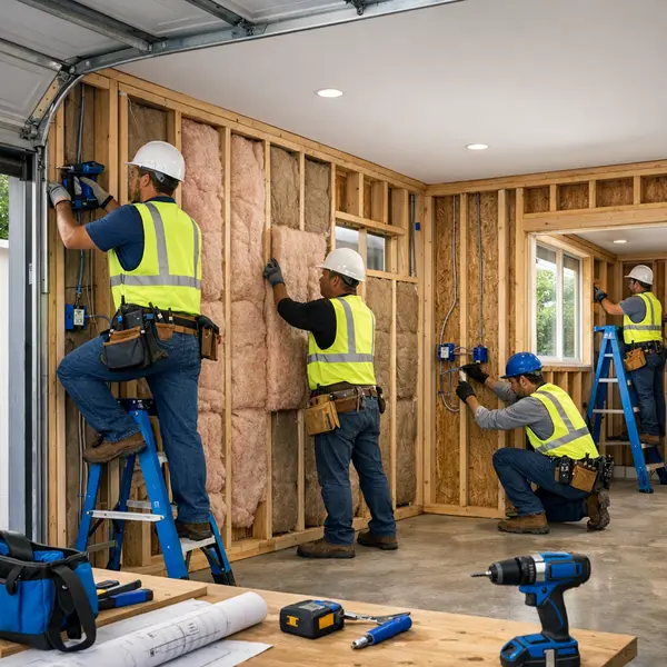 Construction crew transforming a garage space with high-quality framing and electrical work for garage conversions.