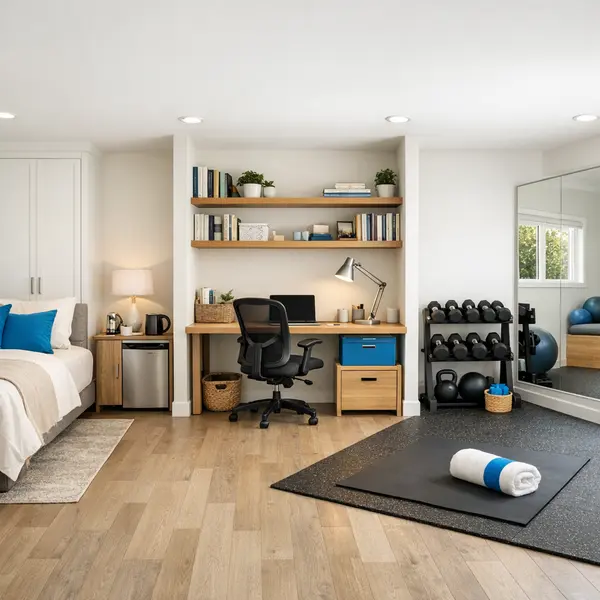 A high-quality converted garage in Tarzana featuring guest suite, office, and home gym zones for modern living.