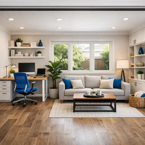 Multifunctional garage conversion in Agoura Hills with home office and lounge zone for flexible living.