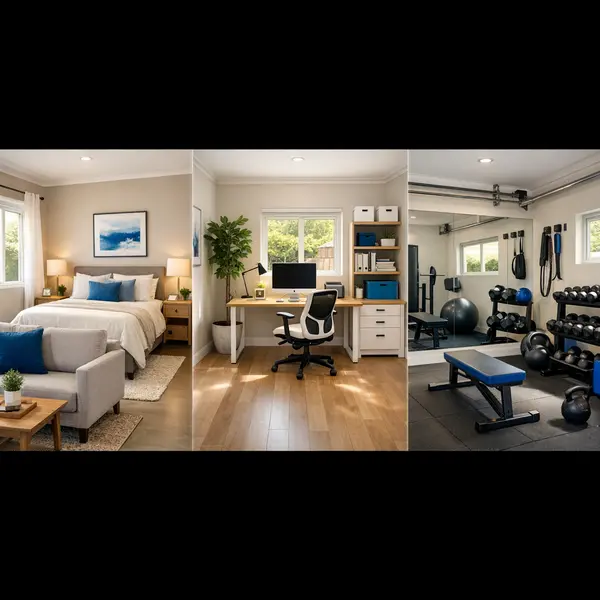 Versatile garage conversions in Sherman Oaks showing guest suite, office, and gym layouts by Alvapareen Construction