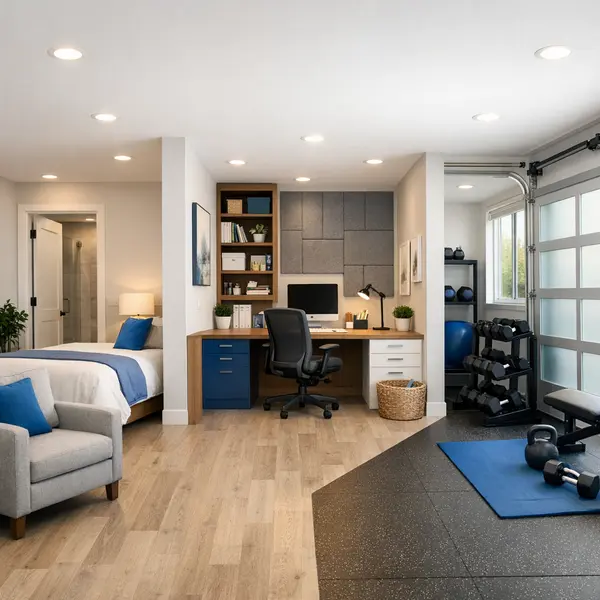 Versatile garage conversions in Winnetka showing guest suite, home office, and gym zones