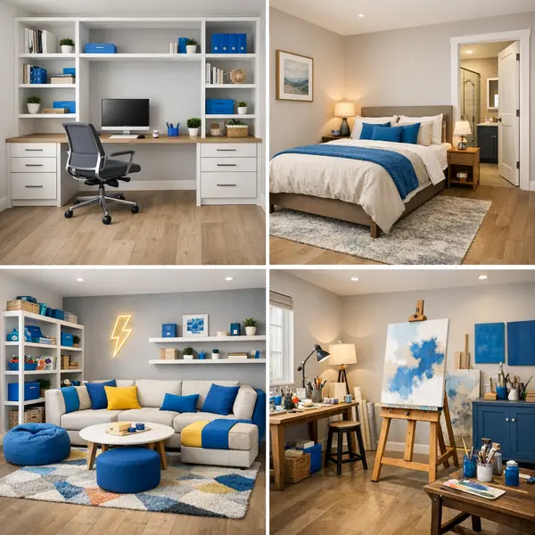 Four completed garage conversions including a home office, guest suite, playroom, and creative studio, demonstrating quality garage conversions