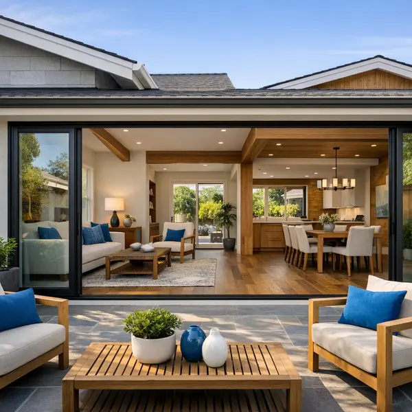 Modern open-plan living area created by a professional home addition seamlessly matching the original house