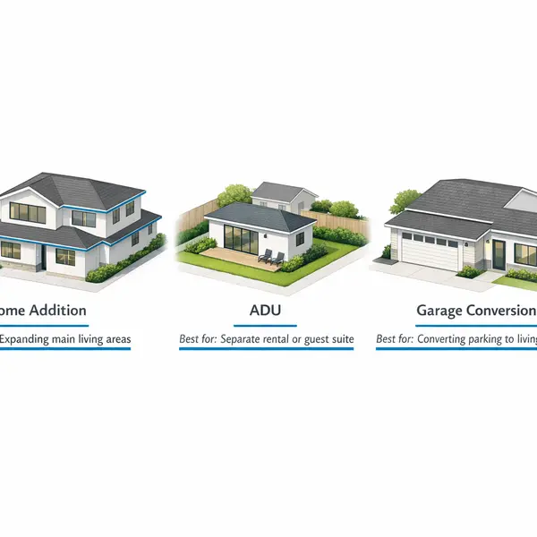 Modern diagram comparing home addition, ADU, and garage conversion options for property owners