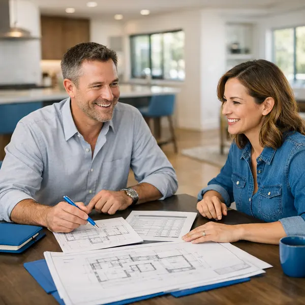 Project manager and homeowner review home addition plans and budget in a remodeled space