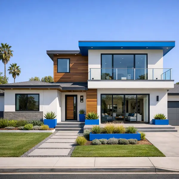 Contemporary home showing a well-integrated home addition with expanded living area and modern design elements.