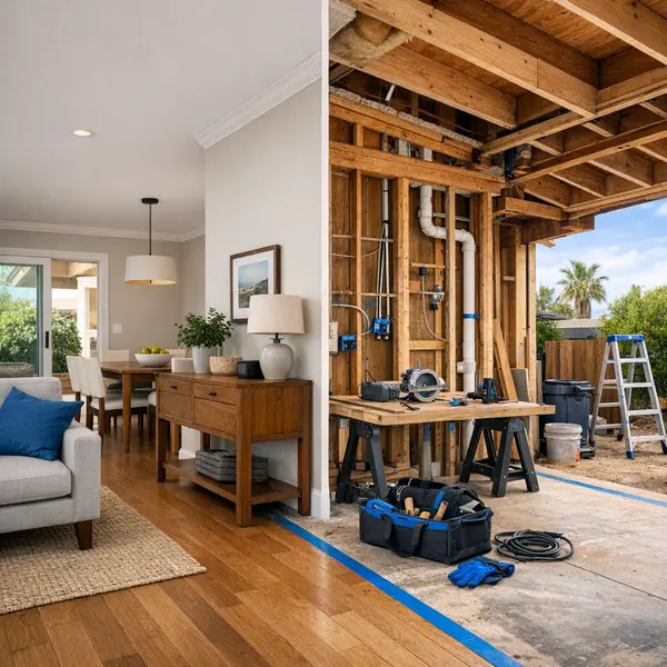 Open wall and framing reveal the technical complexity of a modern home addition project.
