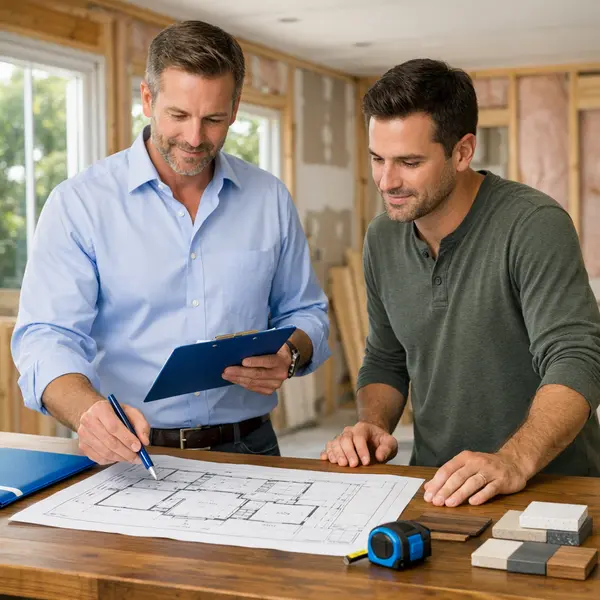 Project manager and homeowner review home addition plans together during construction process