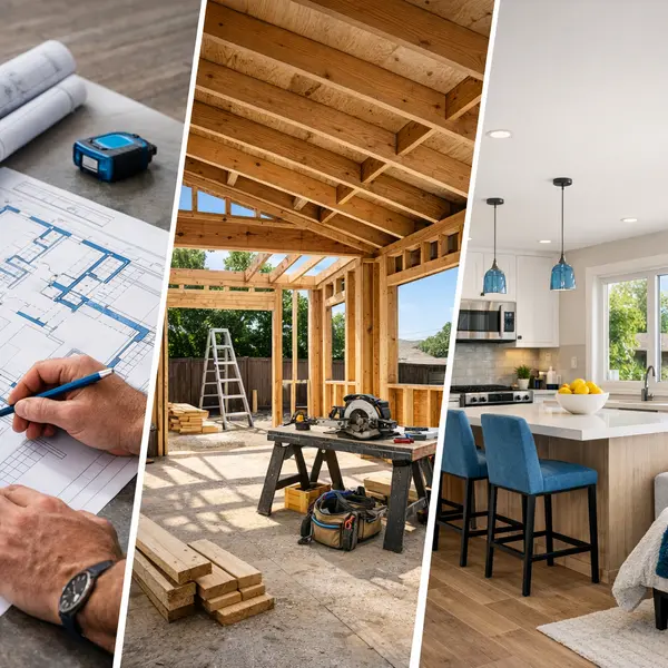 Collage showing home addition plans, framed construction, and finished interior for home addition projects.