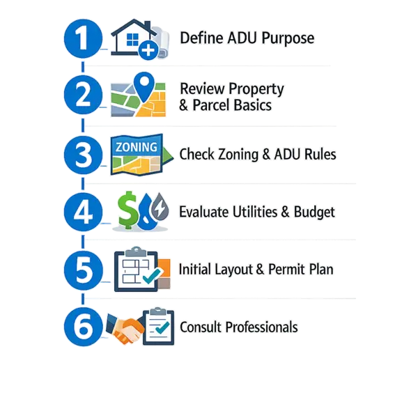 Step-by-step ADU requirements checklist infographic for property owners planning an accessory dwelling unit project