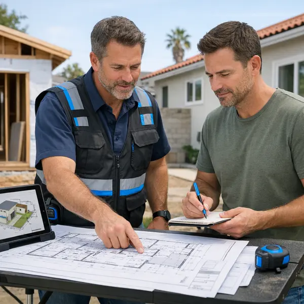 Contractor and homeowner reviewing accessory dwelling units ADU requirements on site with blueprints and tablet.